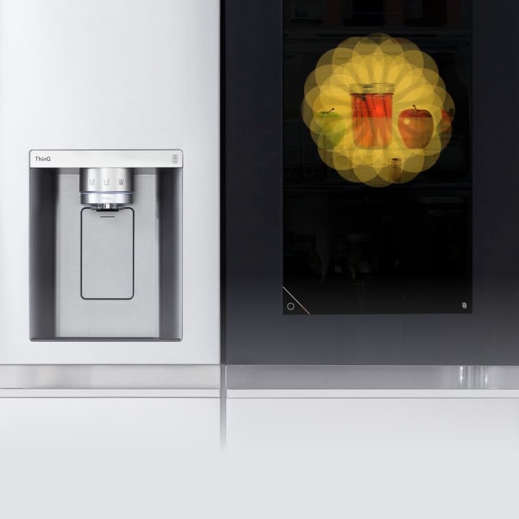 LG smart refrigerator with dynamic screen showing the weather and a visualization of what's inside