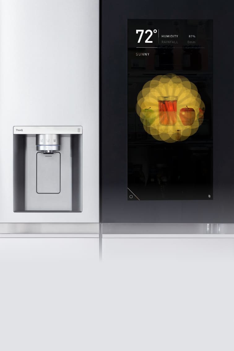 LG smart refrigerator with dynamic screen showing the weather and a visualization of what's inside