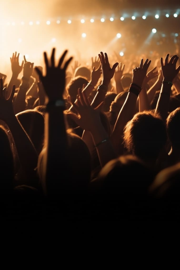 Crowd at a concert raising their hands in the air