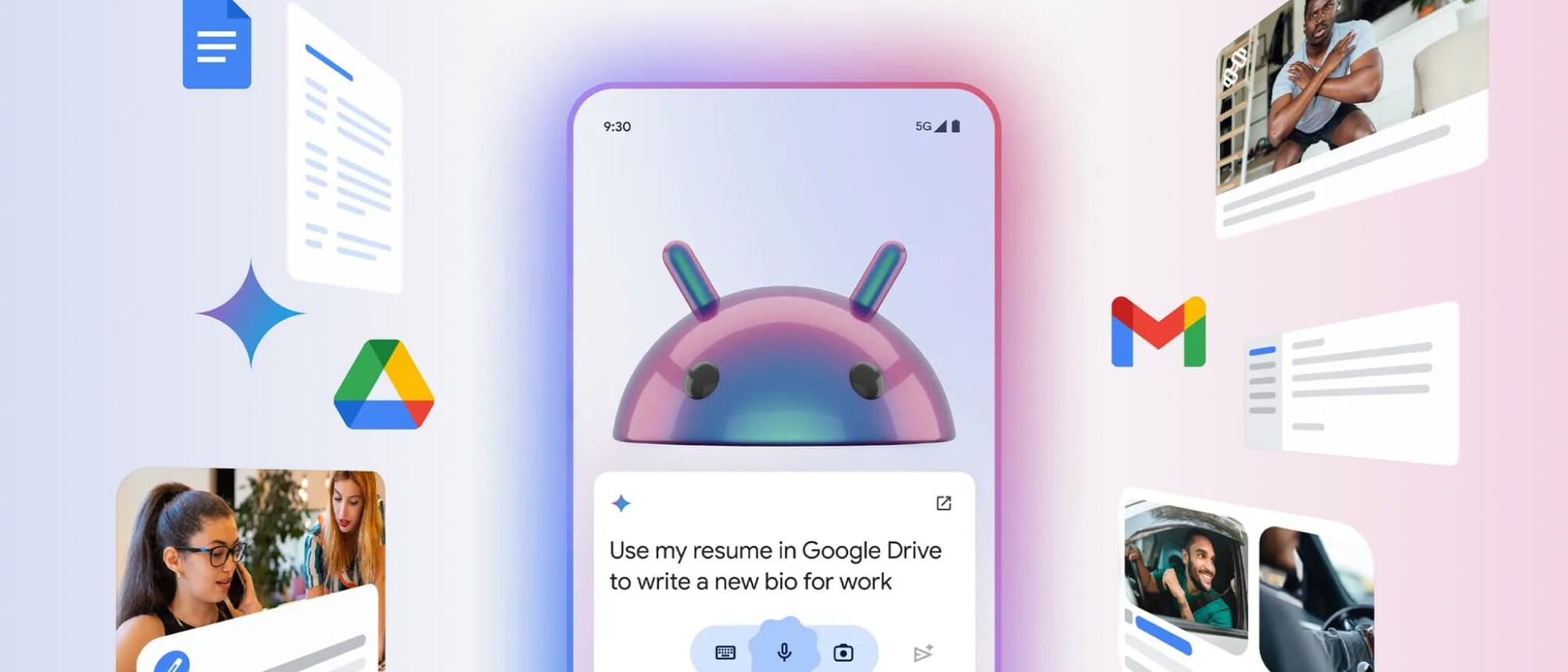 Android phone displays Google services and AI for productivity tasks.