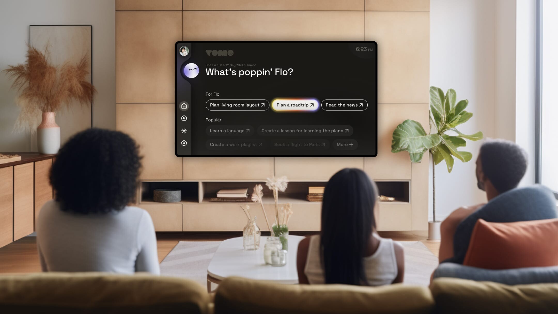A family interacts with an AI assistant interface on a living room TV.