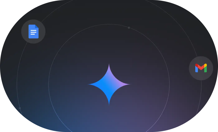 Google's Gemini AI logo surrounded by icons representing Google services.