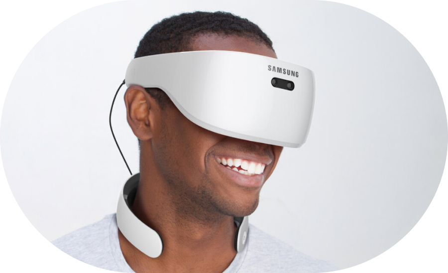 Person wearing a futuristic VR headset.