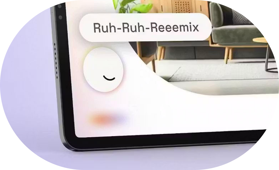 A friendly AI agent helps a user redesign their living room on a tablet.