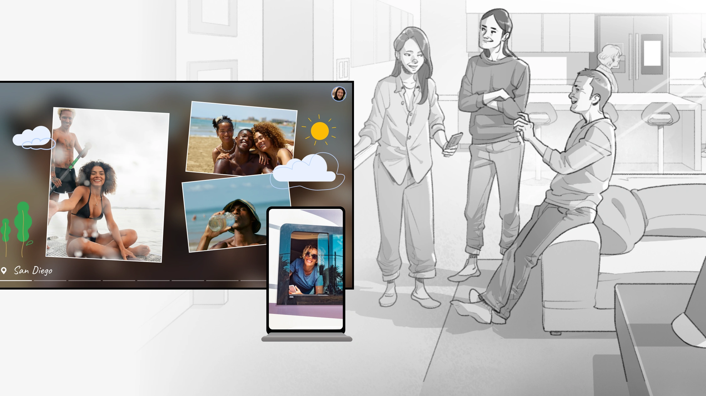 Google Photos ecosystem illustration, showcasing digital photos displayed on a TV and a smartphone, with people in a living room interacting, emphasizing shared memories across devices.