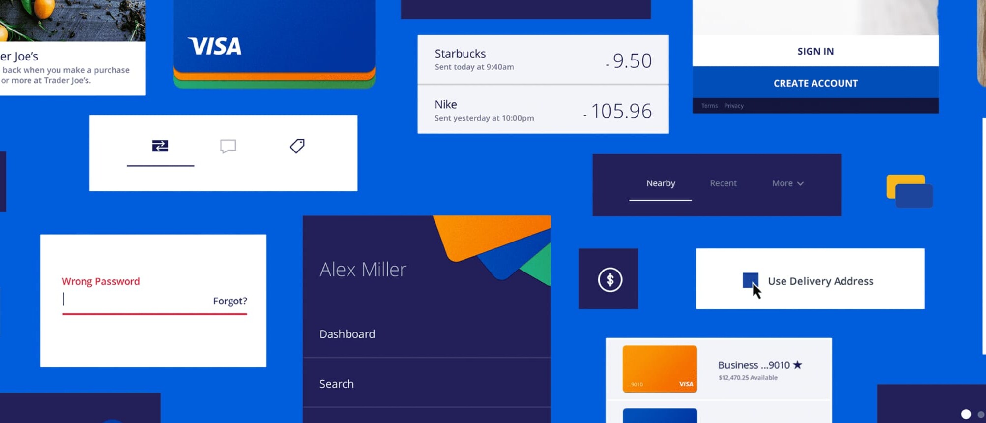 An artistic arrangement of components from Visa's design system.
