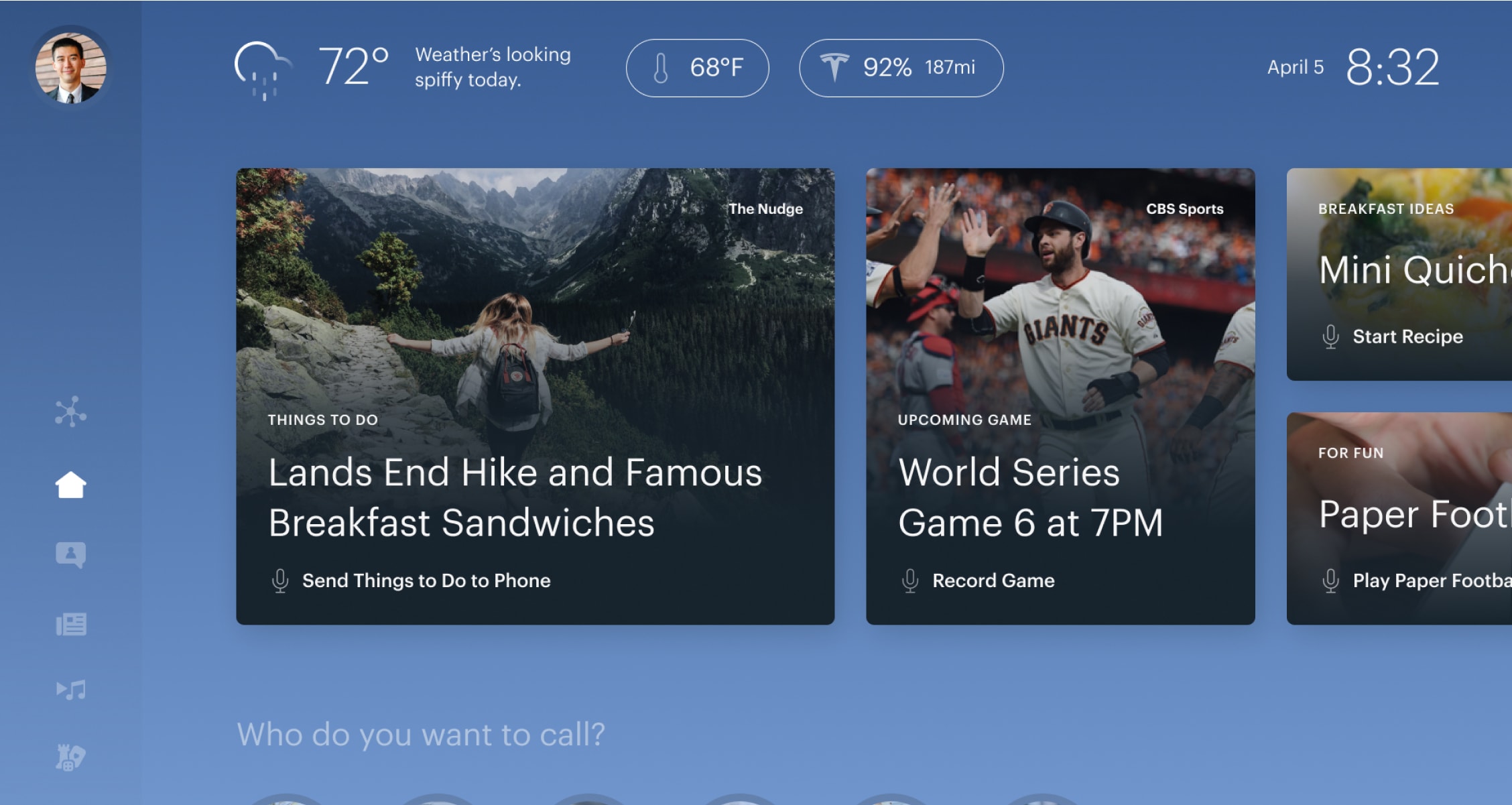 Immersive TV interface showing adventure, sports, recipes, and gaming.