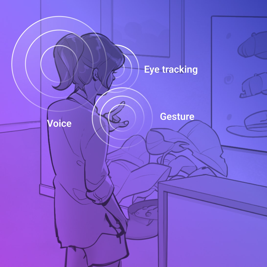 Diagram showing voice, gesture, and eye tracking input in an XR space.